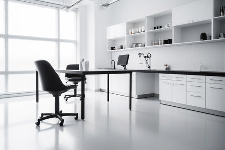 Interior of modern office with white walls, concrete floor, white computer table and black chair. 3d renderingの素材