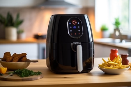 Modern electric kettle with french fries on wooden table in kitchen at homeの素材