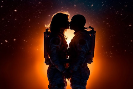 Silhouette of a loving couple in the dark. A man and a woman in spacesuit on a background of the stars.の素材