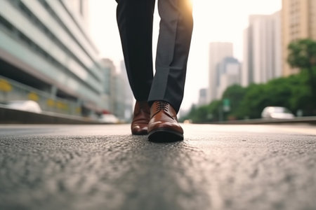 Businessman walking on road with city background, closeup of legsの素材