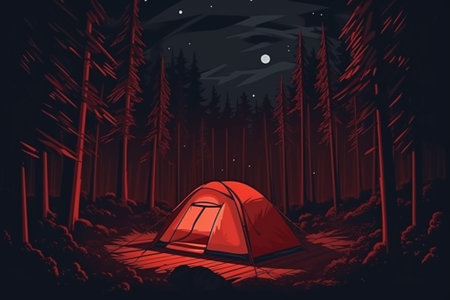 Tent in the forest at night. Vector illustration of a red tent.の素材