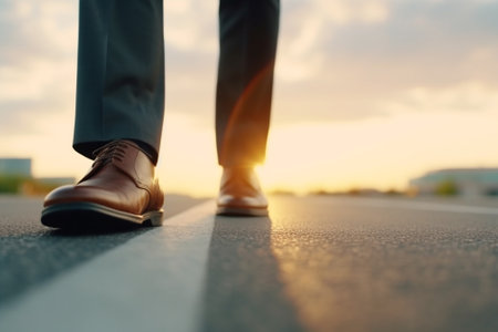 Low section of businessman standing on road at sunset, low angle viewの素材
