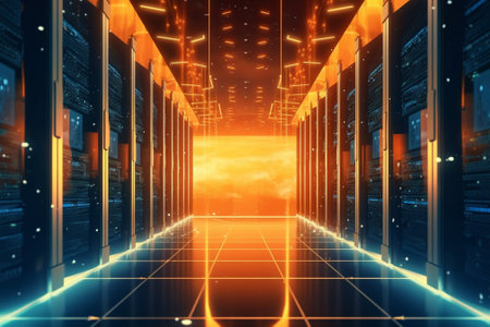 Server room data center hallway with bright lights and reflections, 3d renderingの素材