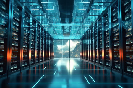 Server room data center with bright blue lights. 3D Renderingの素材
