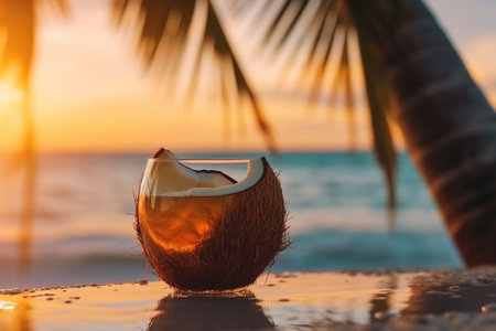 Coconut on the beach with palm trees and sunset background.の素材