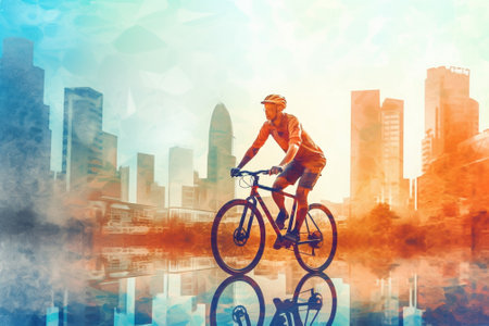 Double exposure of cyclist riding bicycle on city background. Sport and healthy lifestyle conceptの素材