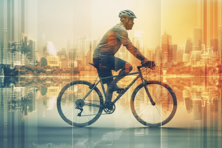 Double exposure of cyclist riding bicycle with cityscape background. Concept of healthy lifestyleの素材