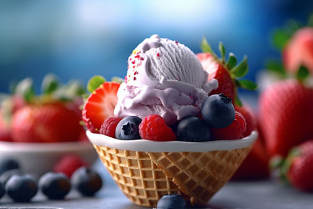 Ice cream with fresh berries in waffle cone on table, closeupの素材