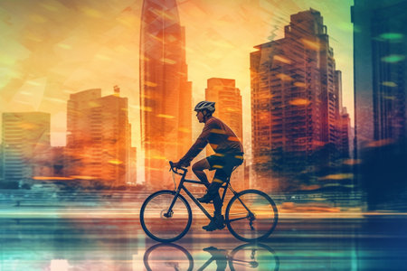 Double exposure of cyclist riding bicycle over cityscape background. Sport and healthy lifestyle concept.の素材