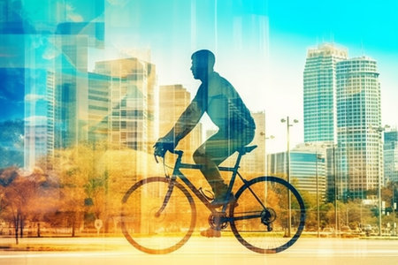 Silhouette of a man riding a bicycle on the background of a modern cityの素材