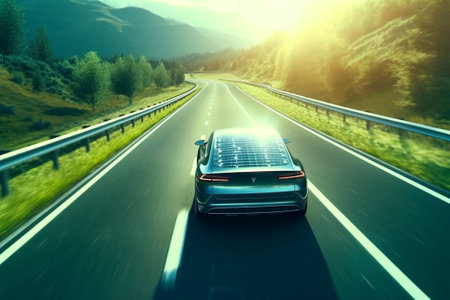Car with solar panel on the road in the mountains. 3d renderingの素材