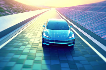3D rendering of a blue sports car driving on the road at sunsetの素材