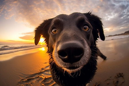 Happy dog on the beach at sunset. Concept of friendship and loveの素材