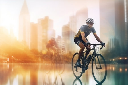 Cyclist Riding a Bike on the River with Cityscape Backgroundの素材