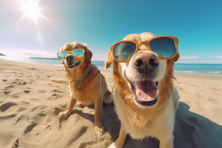 two golden retriever dogs in sunglasses on the beach at sunny dayの素材