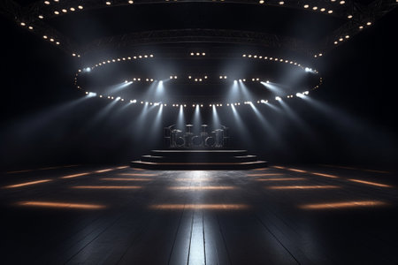Stage Spotlight with Stage Podium and Light Effects. 3D Renderの素材