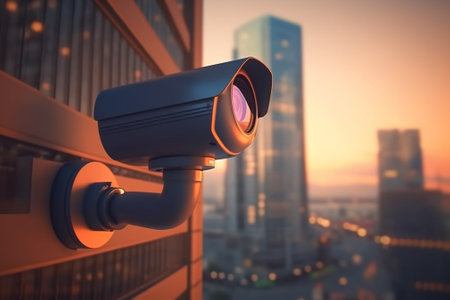 Surveillance camera in the city at sunset. 3d renderingの素材