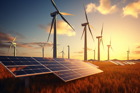 Solar panels and wind turbines at sunset. Renewable energy concept. 3D Renderingの素材