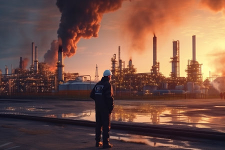 Engineer in front of petrochemical plant at sunset. Industrial backgroundの素材