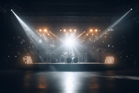 Stage lights, spotlights and smoke on the stage. Concert lighting equipmentの素材
