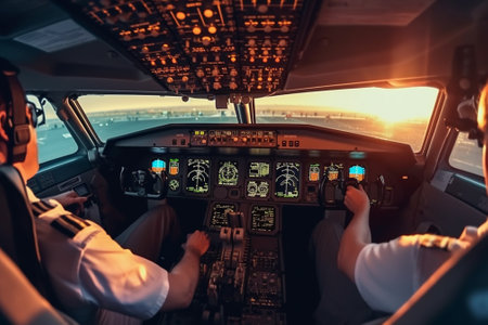 Airplane pilots in the cockpit. View from inside the cockpit.の素材