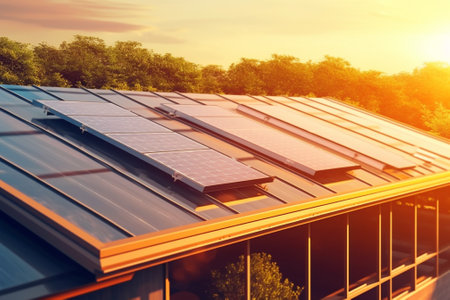 Solar panels installed on the roof of a residential building. Alternative energy source.の素材