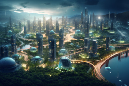 Futuristic city at night with road and river. 3d renderingの素材