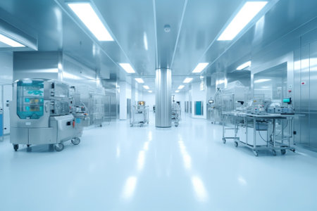 Interior of a modern hospital corridor with equipment and medical devices.の素材