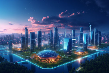 Smart city with solar panels and wind turbines at night. 3D renderingの素材
