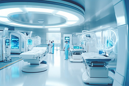 Interior of a modern hospital corridor with medical equipment and operating roomの素材