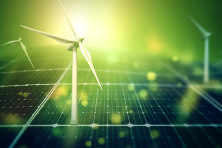 Green energy concept with wind turbines and solar panels. 3D Renderingの素材