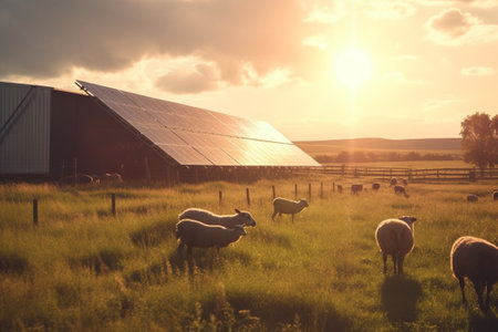 Sheep and solar panels in a field at sunset. Alternative energy source.の素材