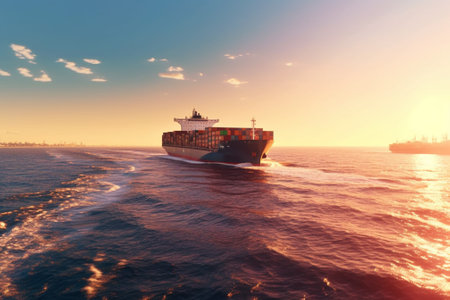 Container Cargo ship with working crane bridge in sea at sunset or sunrise for Logistic Import Export background.の素材