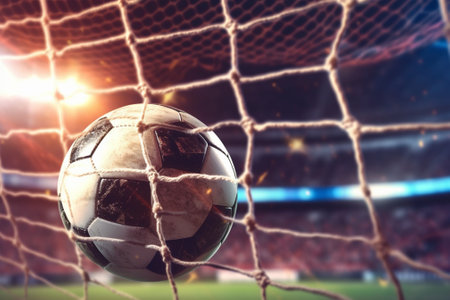 Soccer ball in goal net on football stadium background. Mixed mediaの素材