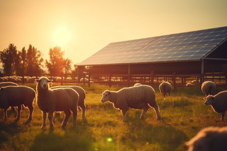 Sheep on a green meadow at sunset with solar panels in the backgroundの素材
