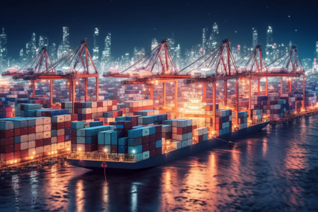 Container Cargo freight ship with working crane bridge for Logistic Import Export background.の素材