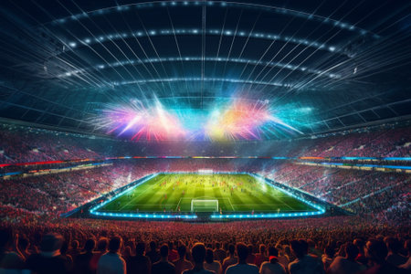Football or soccer stadium with fans and lights, toned image.の素材