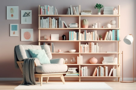 Interior of modern living room with bookshelf and armchairの素材