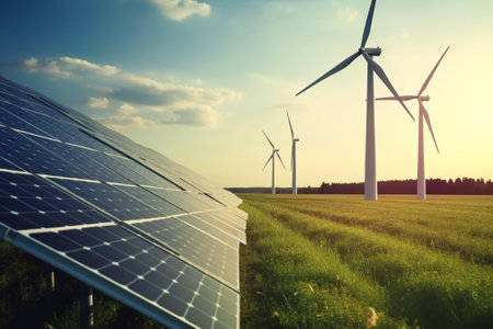 solar energy panels and wind turbines - alternative electricity source - concept of sustainable resourcesの素材