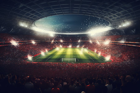 Soccer stadium with red seats and lights. 3D Renderingの素材