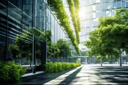 Modern office building with glass wall and green trees. City landscape.の素材