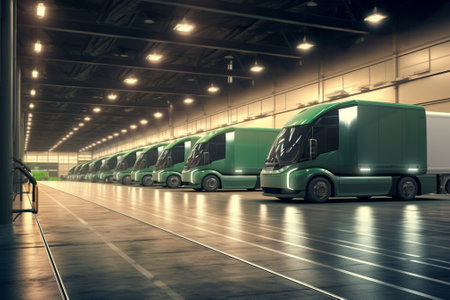 3D rendering of a row of green trucks parked in a warehouseの素材