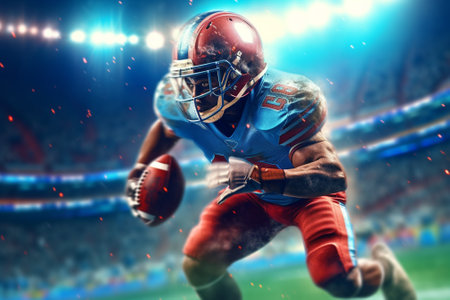 American football player in action on stadium background. 3D rendering.の素材