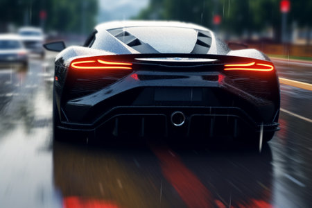3D rendering of a sports concept car on the road with motion blurの素材