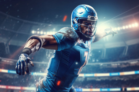 American football player in helmet and blue jersey on stadium. Mixed mediaの素材