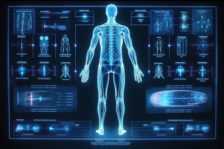 Digital x-ray image of human body against blue background 3D renderingの素材