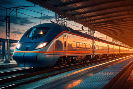 Modern high-speed train on the railway station at sunset. Shallow depth of fieldの素材