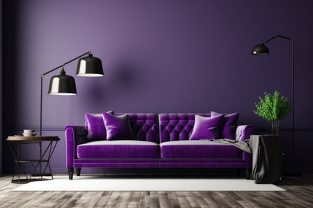 Purple living room with a purple sofa, a coffee table and a lamp. 3d renderingの素材