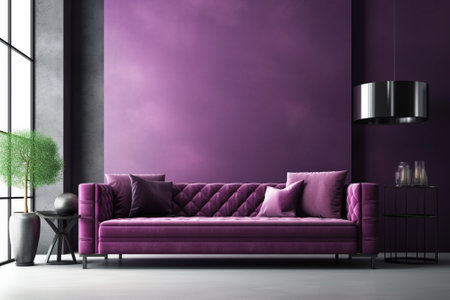 Purple living room interior with purple sofa. 3d render illustrationの素材