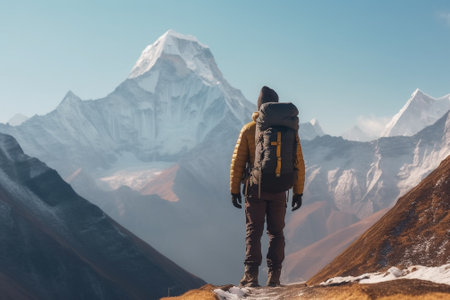 Hiker in Himalaya mountains. Man with backpack standing on top of the mountain.の素材